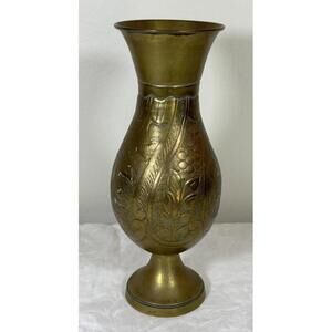 Vintage Engraved Brass Vase 12” Floral Leaf Design Boho Decor